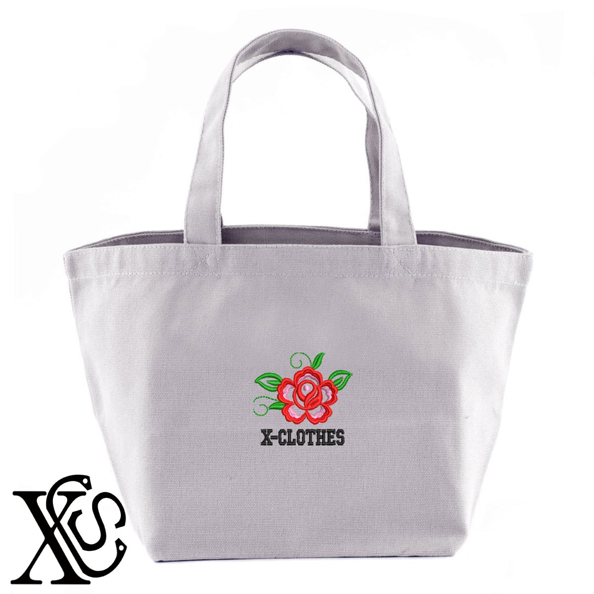花10柄 刺繍 キャンバス生地 ランチ ミニ トートバッグ レディース メンズ【X-CLOTHES】オリジナル グッズ 刺繍 ワンポイント 雑貨【b Black Camel】【g Natural Gray】 【2植物ロゴ-植物】