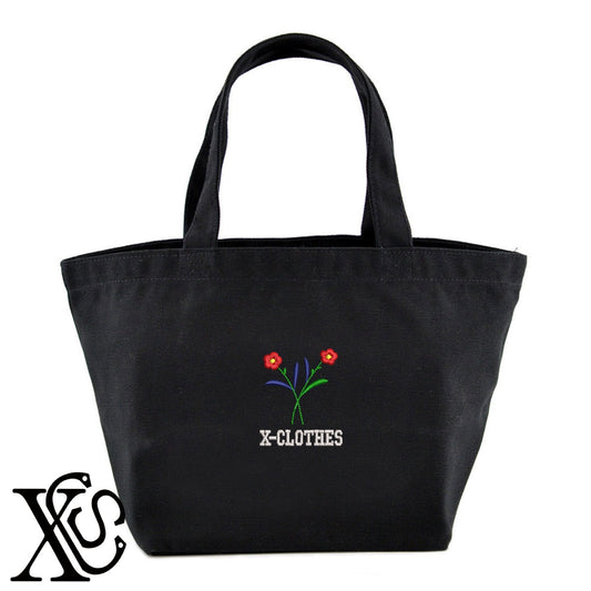 花3柄 刺繍 キャンバス生地 ランチ ミニ トートバッグ レディース メンズ【X-CLOTHES】オリジナル グッズ 刺繍 ワンポイント 雑貨【b Black Camel】【g Natural Gray】 【2植物ロゴ-植物】