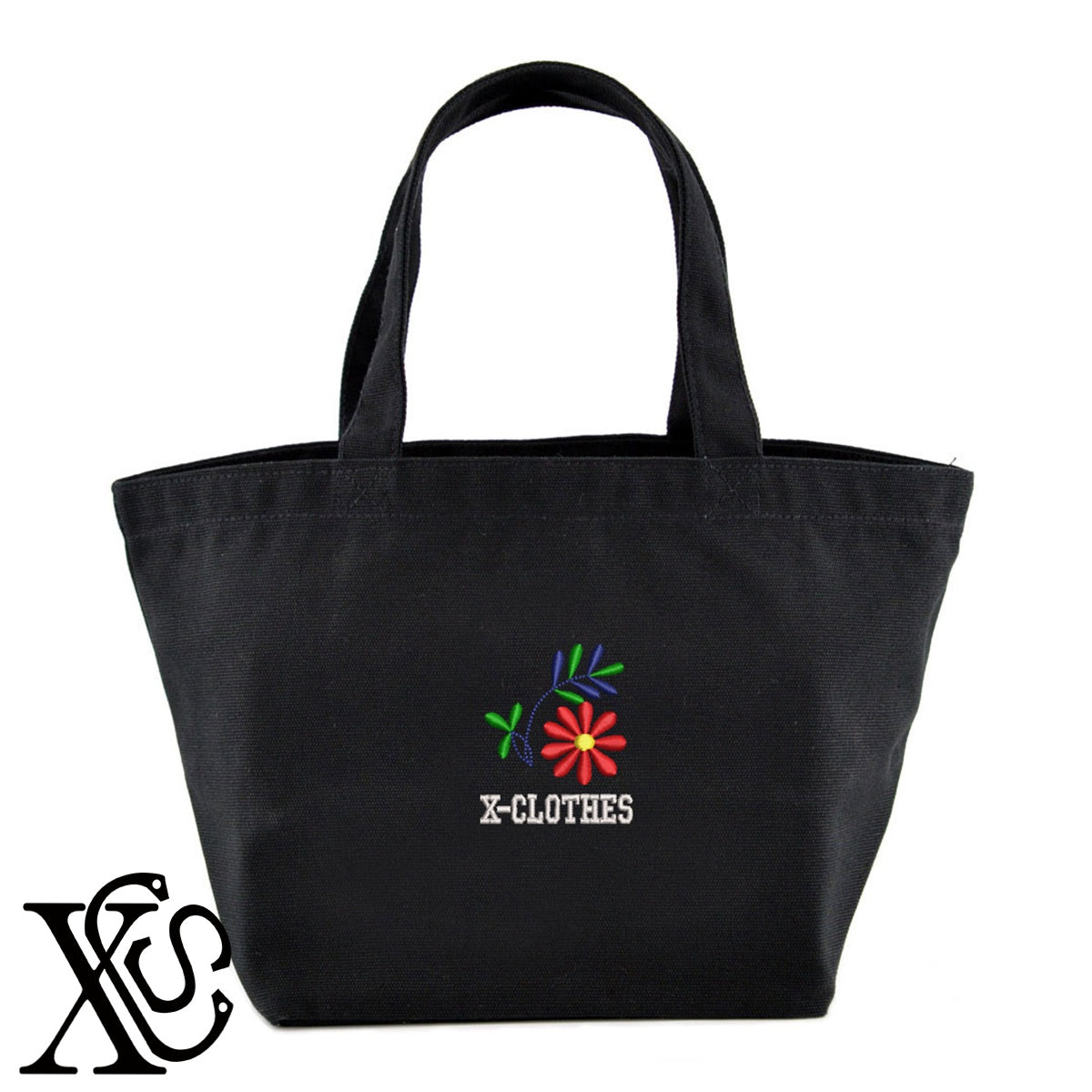 花4柄 刺繍 キャンバス生地 ランチ ミニ トートバッグ レディース メンズ【X-CLOTHES】オリジナル グッズ 刺繍 ワンポイント 雑貨【b Black Camel】【g Natural Gray】 【2植物ロゴ-植物】