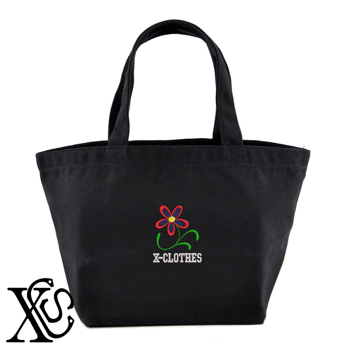 花5柄 刺繍 キャンバス生地 ランチ ミニ トートバッグ レディース メンズ【X-CLOTHES】オリジナル グッズ 刺繍 ワンポイント 雑貨【b Black Camel】【g Natural Gray】 【2植物ロゴ-植物】