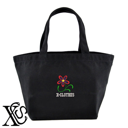花5柄 刺繍 キャンバス生地 ランチ ミニ トートバッグ レディース メンズ【X-CLOTHES】オリジナル グッズ 刺繍 ワンポイント 雑貨【b Black Camel】【g Natural Gray】 【2植物ロゴ-植物】