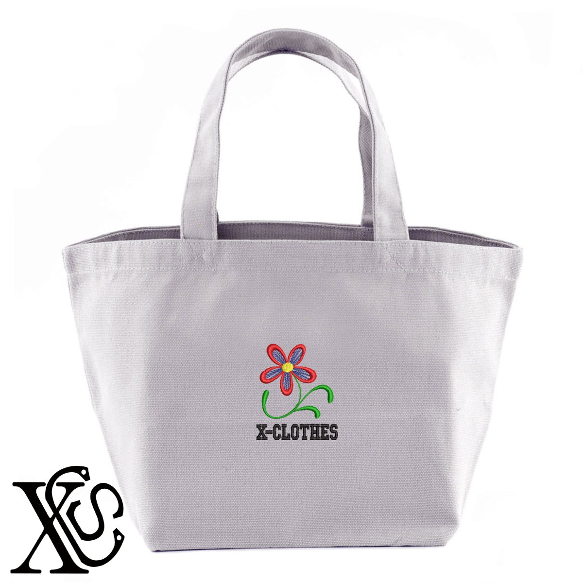 花5柄 刺繍 キャンバス生地 ランチ ミニ トートバッグ レディース メンズ【X-CLOTHES】オリジナル グッズ 刺繍 ワンポイント 雑貨【b Black Camel】【g Natural Gray】 【2植物ロゴ-植物】