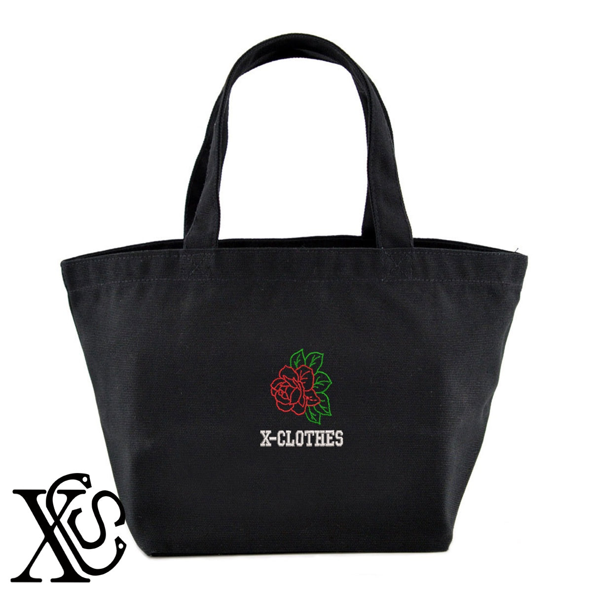 花6柄 刺繍 キャンバス生地 ランチ ミニ トートバッグ レディース メンズ【X-CLOTHES】オリジナル グッズ 刺繍 ワンポイント 雑貨【b Black Camel】【g Natural Gray】 【2植物ロゴ-植物】
