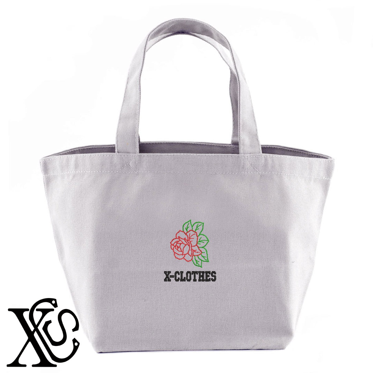 花6柄 刺繍 キャンバス生地 ランチ ミニ トートバッグ レディース メンズ【X-CLOTHES】オリジナル グッズ 刺繍 ワンポイント 雑貨【b Black Camel】【g Natural Gray】 【2植物ロゴ-植物】