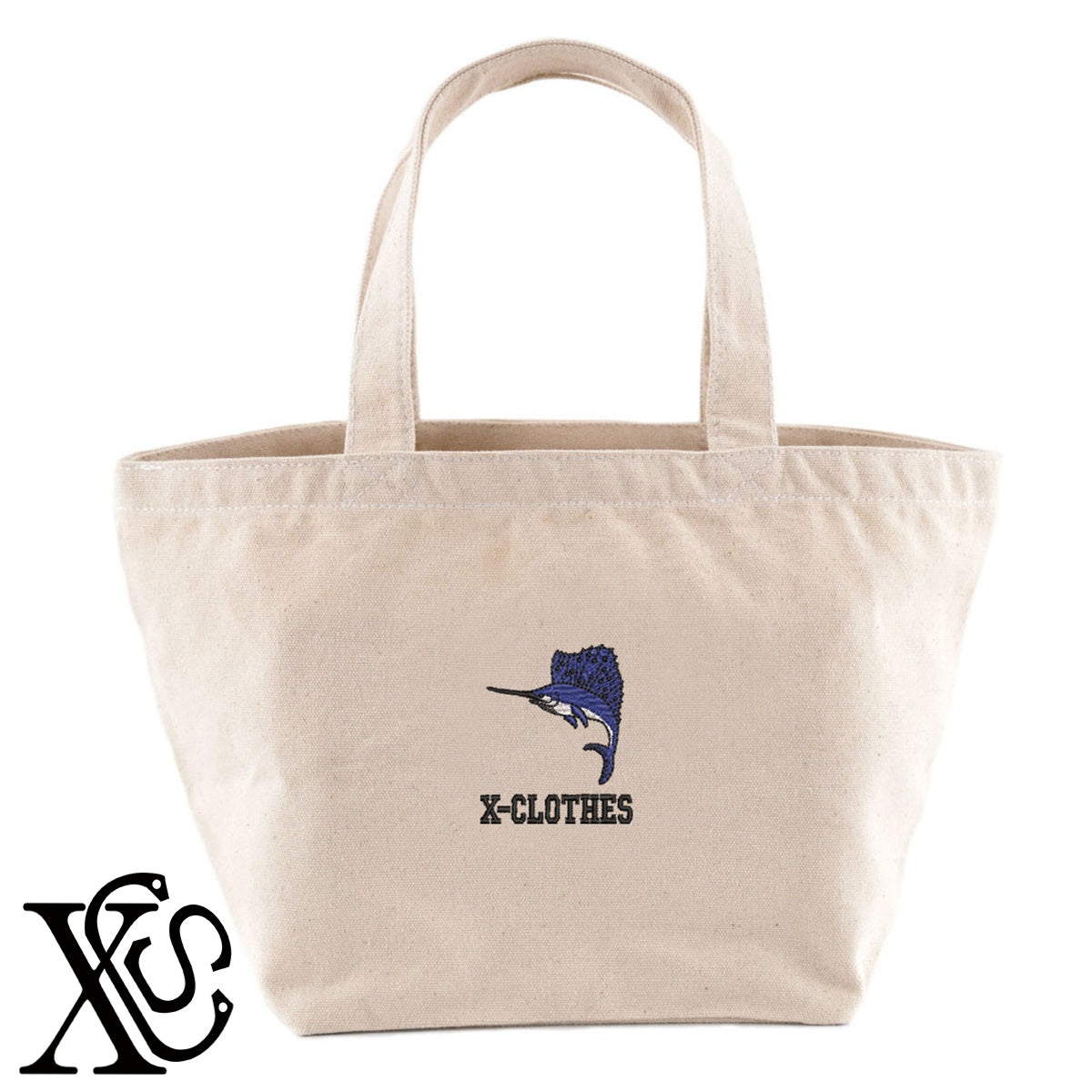 カジキ5柄 刺繍 キャンバス生地 ランチ ミニ トートバッグ レディース メンズ【X-CLOTHES】オリジナル グッズ 刺繍 ワンポイント 雑貨【b Black Camel】【g Natural Gray】 【2植物ロゴ-魚類】