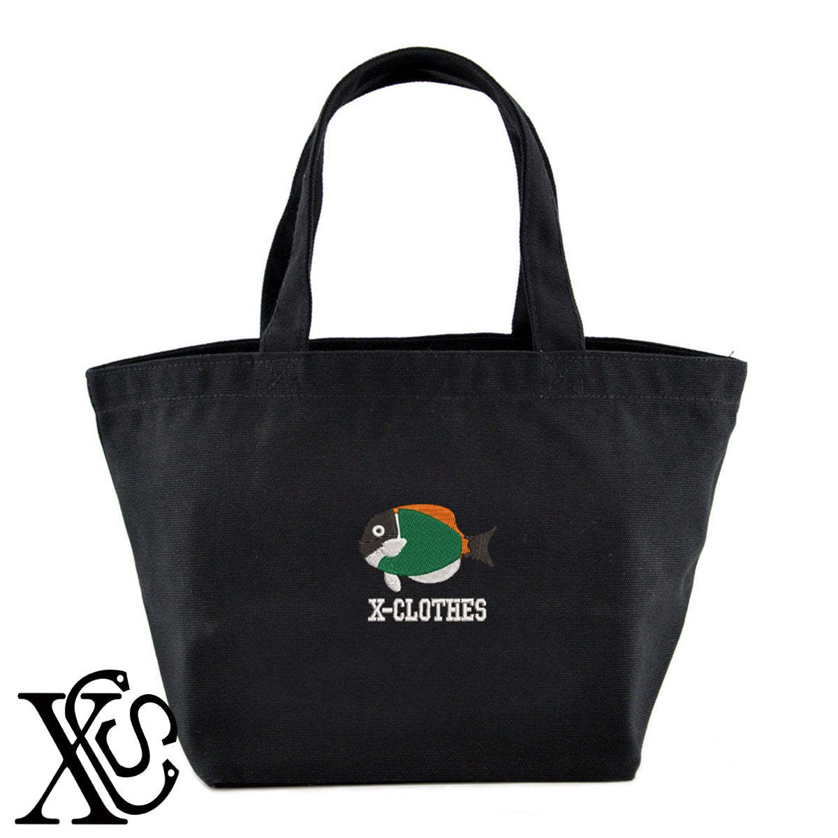 熱帯魚2柄 刺繍 キャンバス生地 ランチ ミニ トートバッグ レディース メンズ【X-CLOTHES】オリジナル グッズ 刺繍 ワンポイント 雑貨【b Black Camel】【g Natural Gray】 【2植物ロゴ-魚類】