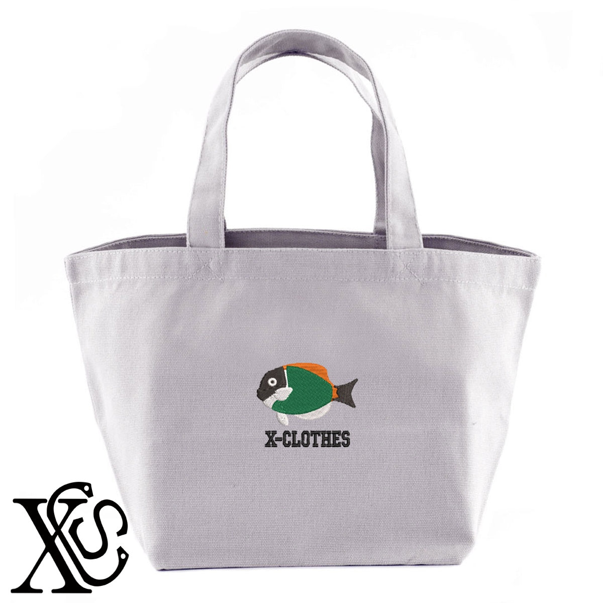 熱帯魚2柄 刺繍 キャンバス生地 ランチ ミニ トートバッグ レディース メンズ【X-CLOTHES】オリジナル グッズ 刺繍 ワンポイント 雑貨【b Black Camel】【g Natural Gray】 【2植物ロゴ-魚類】
