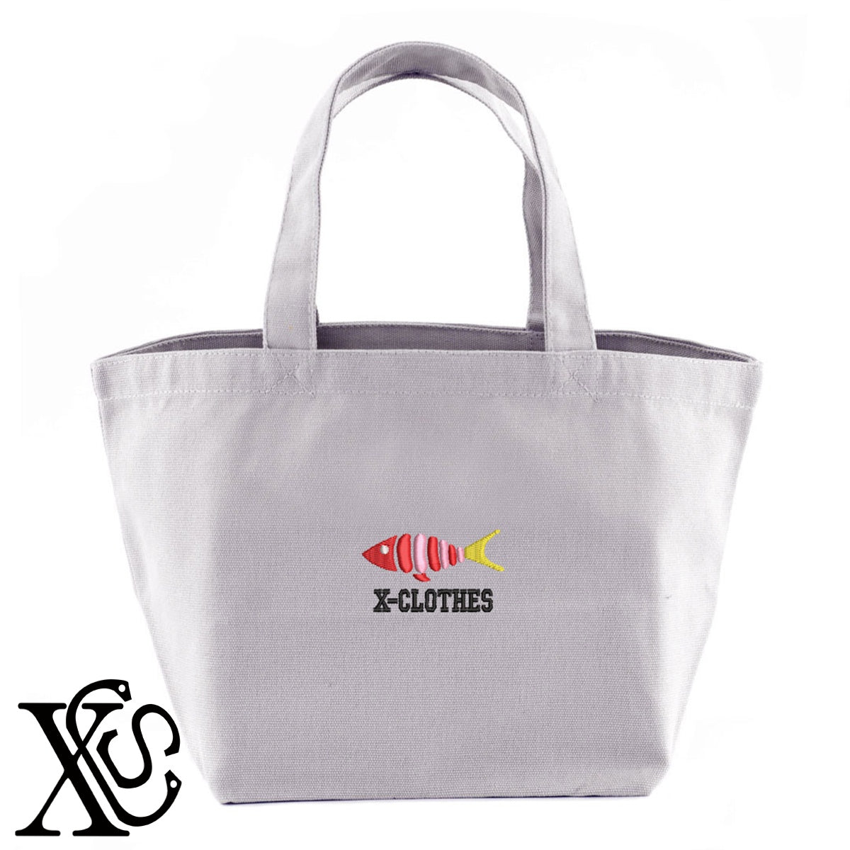 魚9柄 刺繍 キャンバス生地 ランチ ミニ トートバッグ レディース メンズ【X-CLOTHES】オリジナル グッズ 刺繍 ワンポイント 雑貨【b Black Camel】【g Natural Gray】 【2植物ロゴ-魚類】