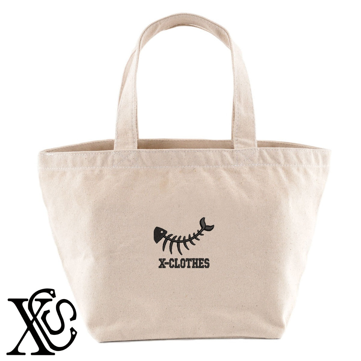 魚の骨3柄 刺繍 キャンバス生地 ランチ ミニ トートバッグ レディース メンズ【X-CLOTHES】オリジナル グッズ 刺繍 ワンポイント 雑貨【b Black Camel】【g Natural Gray】 【2植物ロゴ-魚類】