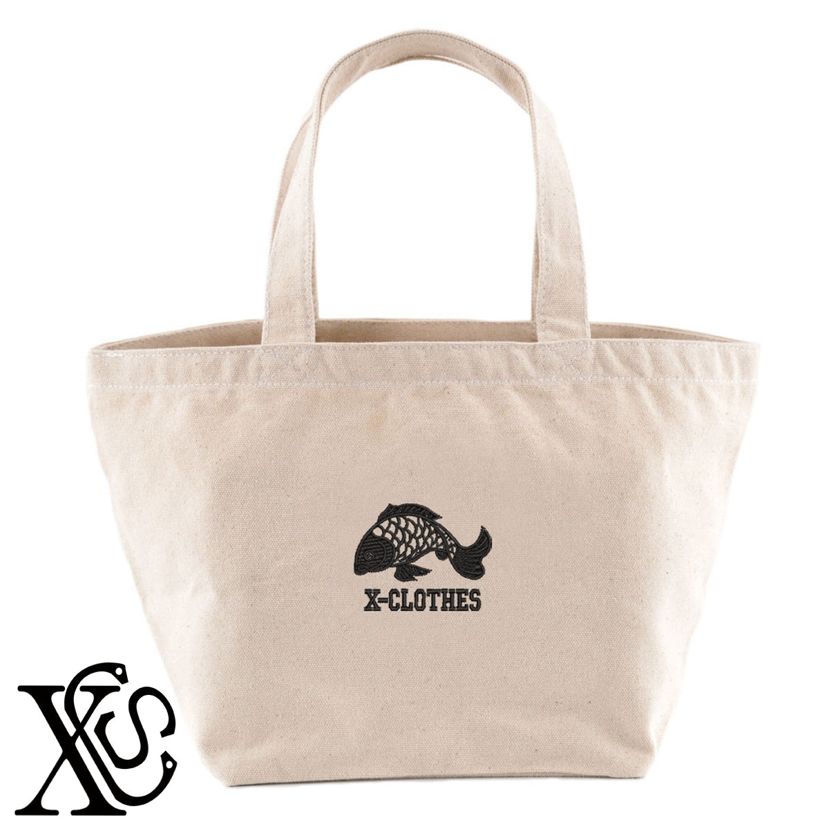 鯛4柄 刺繍 キャンバス生地 ランチ ミニ トートバッグ レディース メンズ【X-CLOTHES】オリジナル グッズ 刺繍 ワンポイント 雑貨【b Black Camel】【g Natural Gray】 【2植物ロゴ-魚類】
