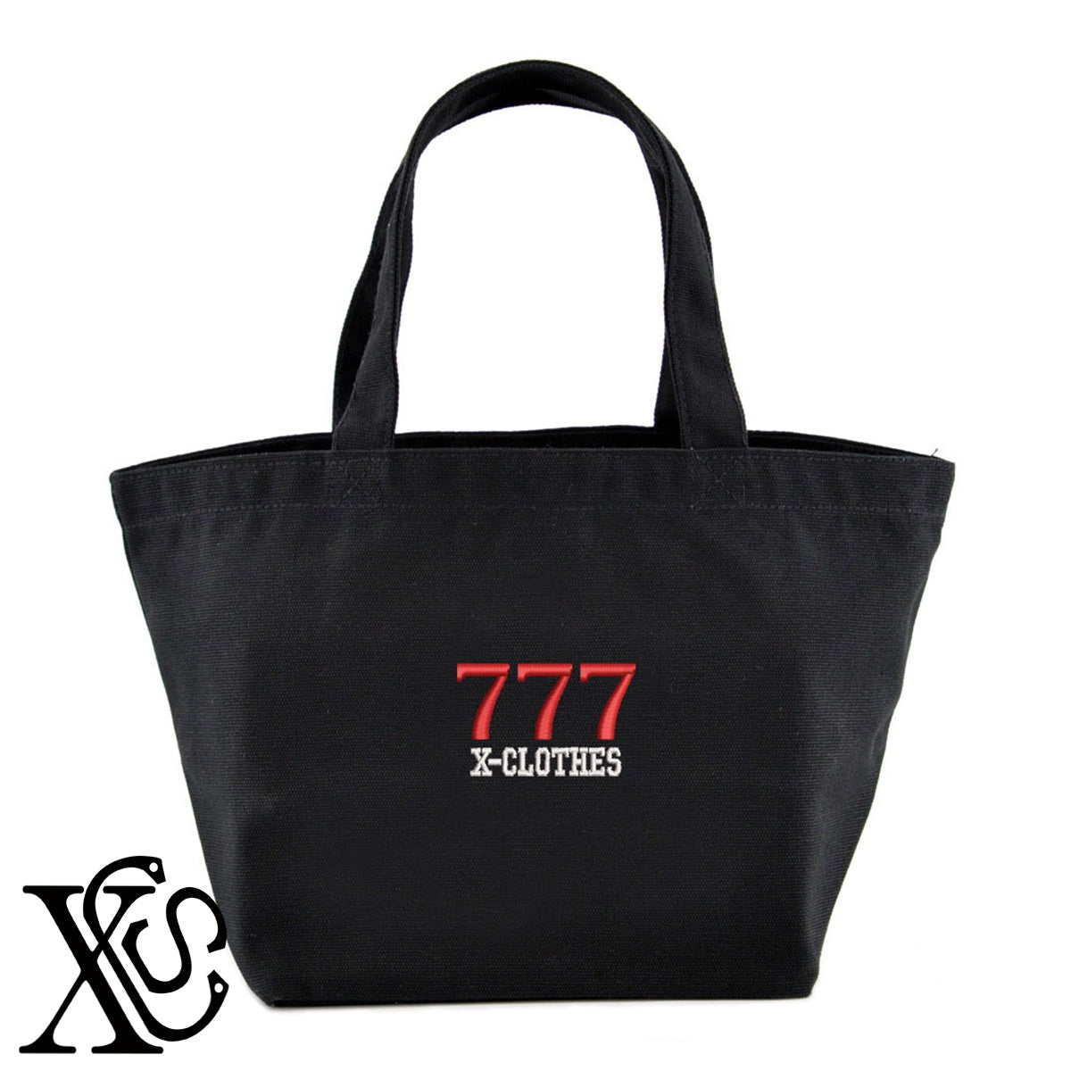 777柄 刺繍 キャンバス生地 ランチ ミニ トートバッグ レディース メンズ【X-CLOTHES】オリジナル グッズ 刺繍 ワンポイント 雑貨【b Black Camel】【g Natural Gray】 【3文字標識-3文字】