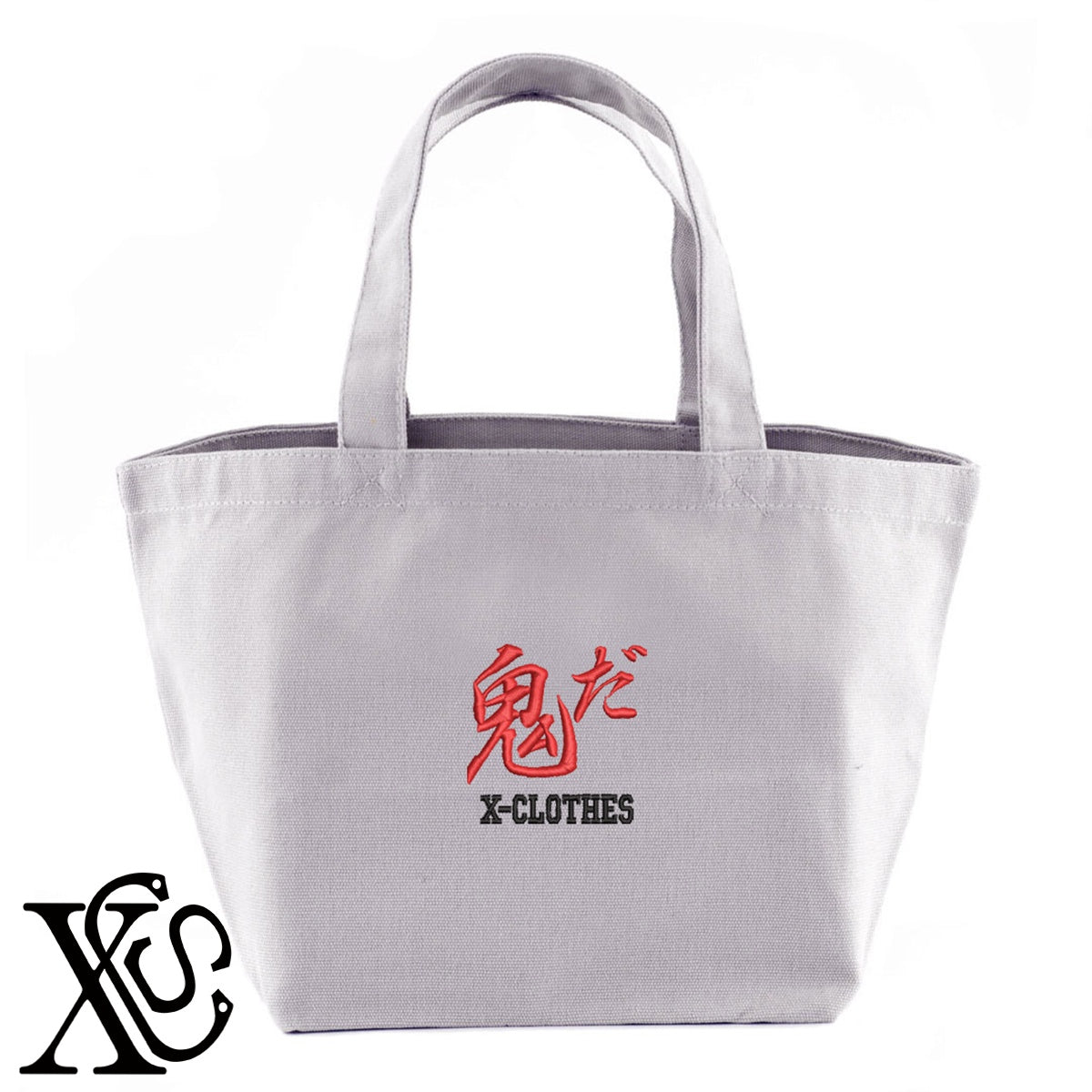29鬼だ柄 刺繍 キャンバス生地 ランチ ミニ トートバッグ レディース メンズ【X-CLOTHES】オリジナル グッズ 刺繍 ワンポイント 雑貨【b Black Camel】【g Natural Gray】 【3文字標識-おもしろ文字】