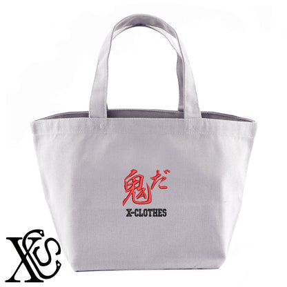 29鬼だ柄 刺繍 キャンバス生地 ランチ ミニ トートバッグ レディース メンズ【X-CLOTHES】オリジナル グッズ 刺繍 ワンポイント 雑貨【b Black Camel】【g Natural Gray】 【3文字標識-おもしろ文字】