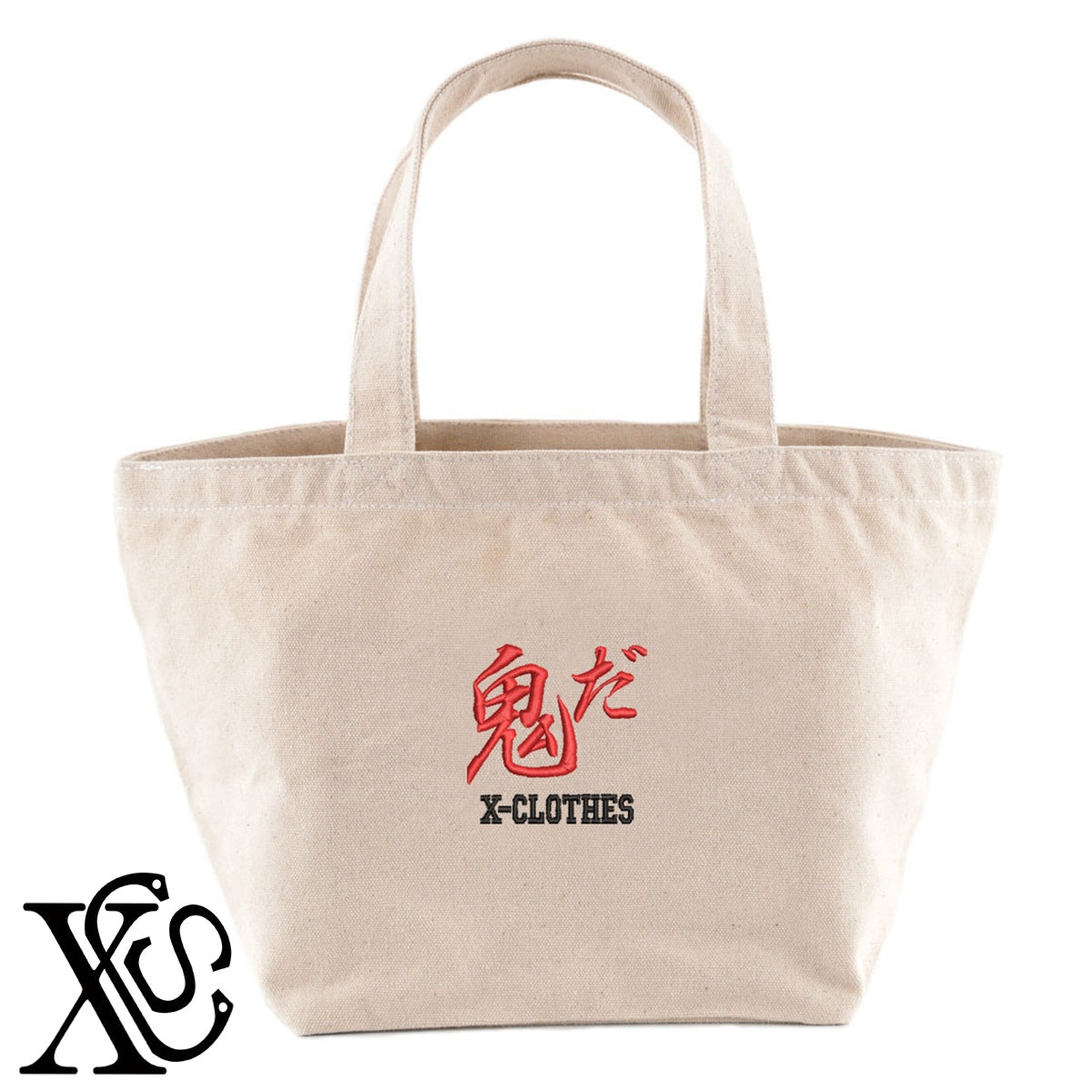 29鬼だ柄 刺繍 キャンバス生地 ランチ ミニ トートバッグ レディース メンズ【X-CLOTHES】オリジナル グッズ 刺繍 ワンポイント 雑貨【b Black Camel】【g Natural Gray】 【3文字標識-おもしろ文字】