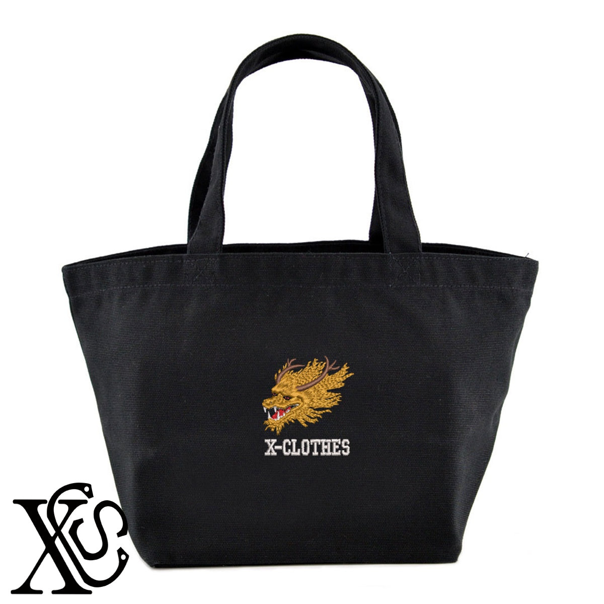 5辰柄 刺繍 キャンバス生地 ランチ ミニ トートバッグ レディース メンズ【X-CLOTHES】オリジナル グッズ 刺繍 ワンポイント 雑貨【b Black Camel】【g Natural Gray】 【3文字標識-干支】