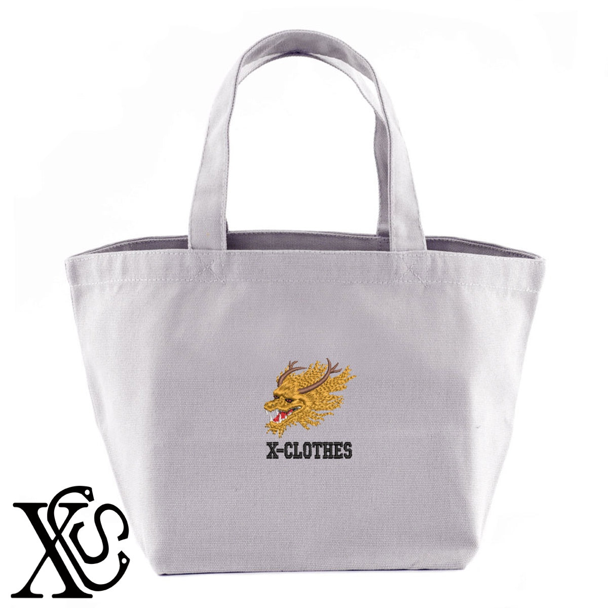 5辰柄 刺繍 キャンバス生地 ランチ ミニ トートバッグ レディース メンズ【X-CLOTHES】オリジナル グッズ 刺繍 ワンポイント 雑貨【b Black Camel】【g Natural Gray】 【3文字標識-干支】