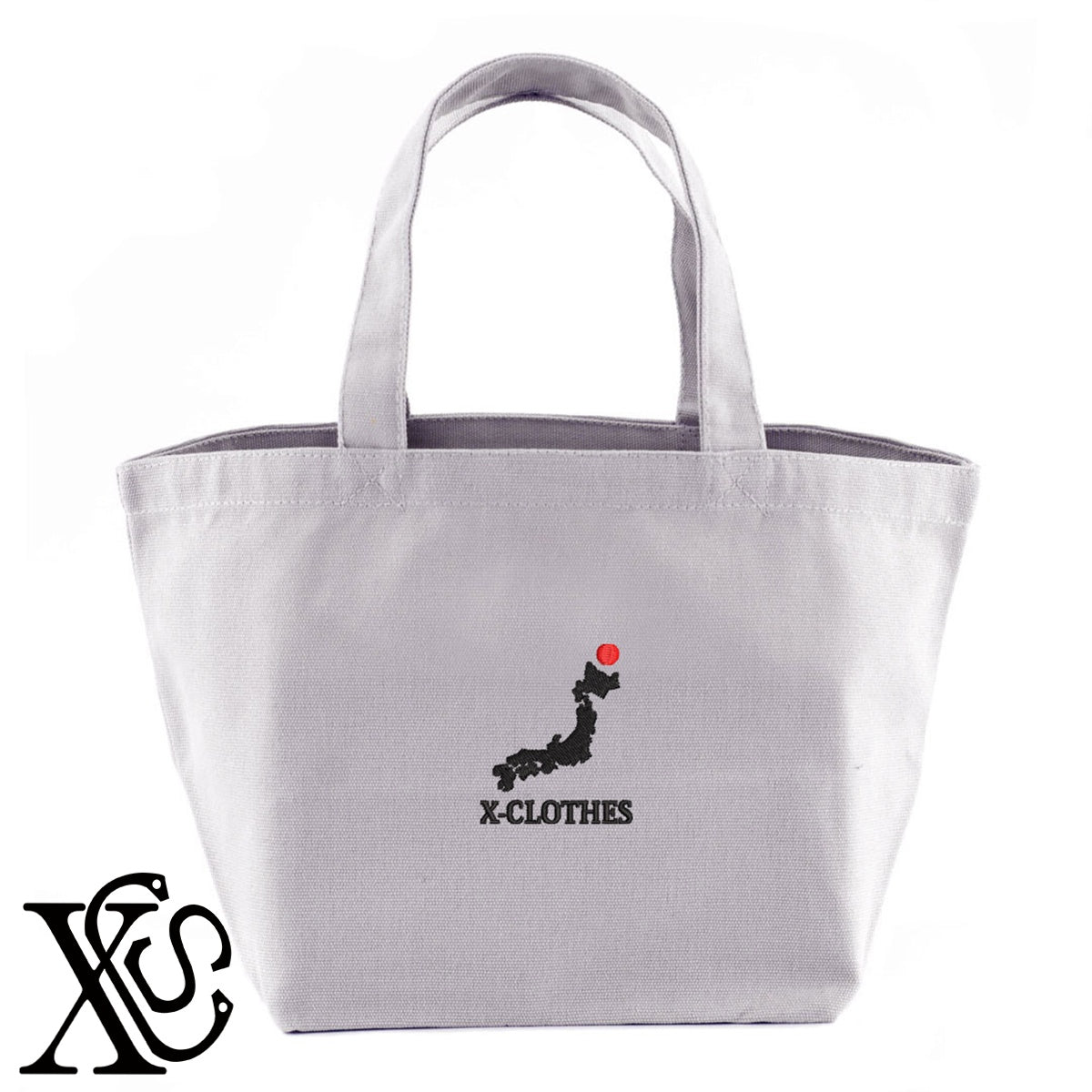 [j]小文字柄 刺繍 キャンバス生地 ランチ ミニ トートバッグ レディース メンズ【X-CLOTHES】オリジナル グッズ 刺繍 ワンポイント 雑貨【b Black Camel】【g Natural Gray】 【3文字標識-日本地図字】