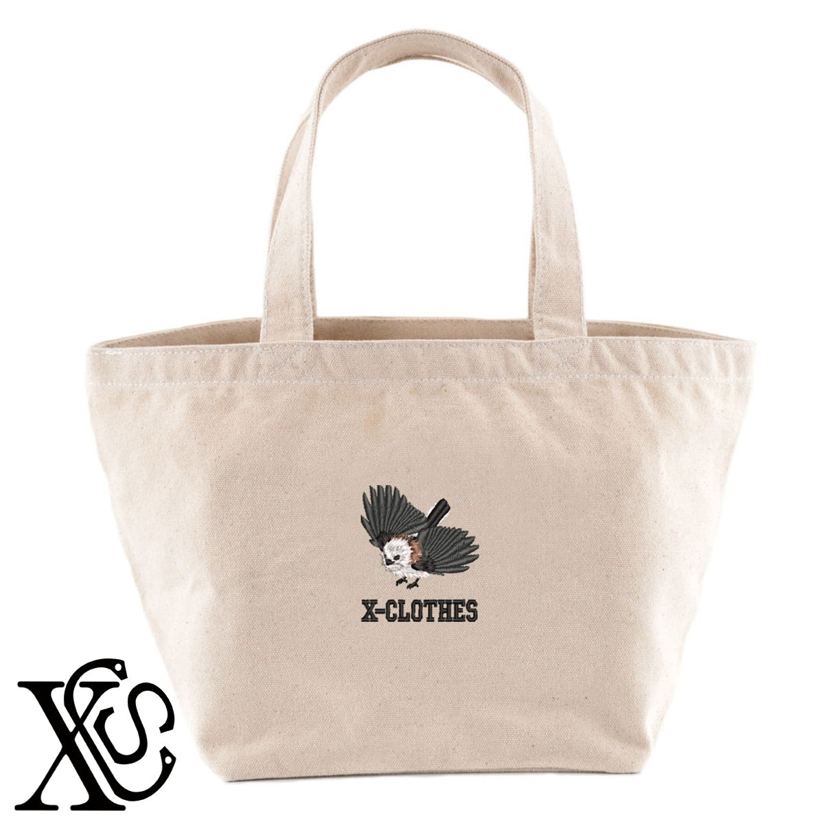 シマエナガ13柄 刺繍 キャンバス生地 ランチ ミニ トートバッグ レディース メンズ【X-CLOTHES】オリジナル グッズ 刺繍 ワンポイント 雑貨【b Black Camel】【g Natural Gray】 【6動物鳥魚-シマエナガ】
