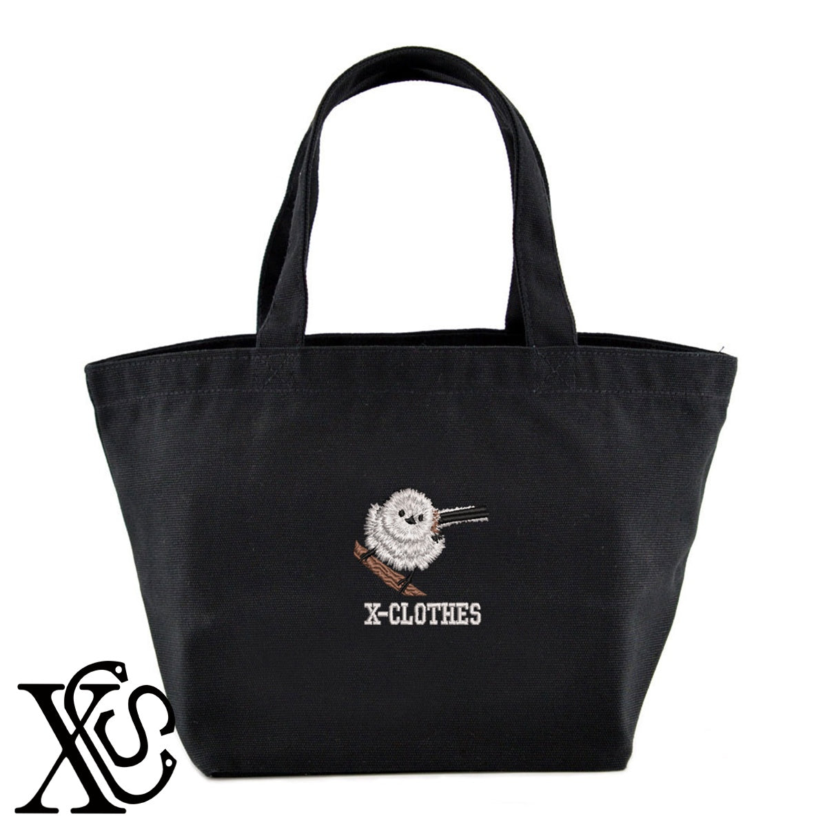 シマエナガ9柄 刺繍 キャンバス生地 ランチ ミニ トートバッグ レディース メンズ【X-CLOTHES】オリジナル グッズ 刺繍 ワンポイント 雑貨【b Black Camel】【g Natural Gray】 【6動物鳥魚-シマエナガ】