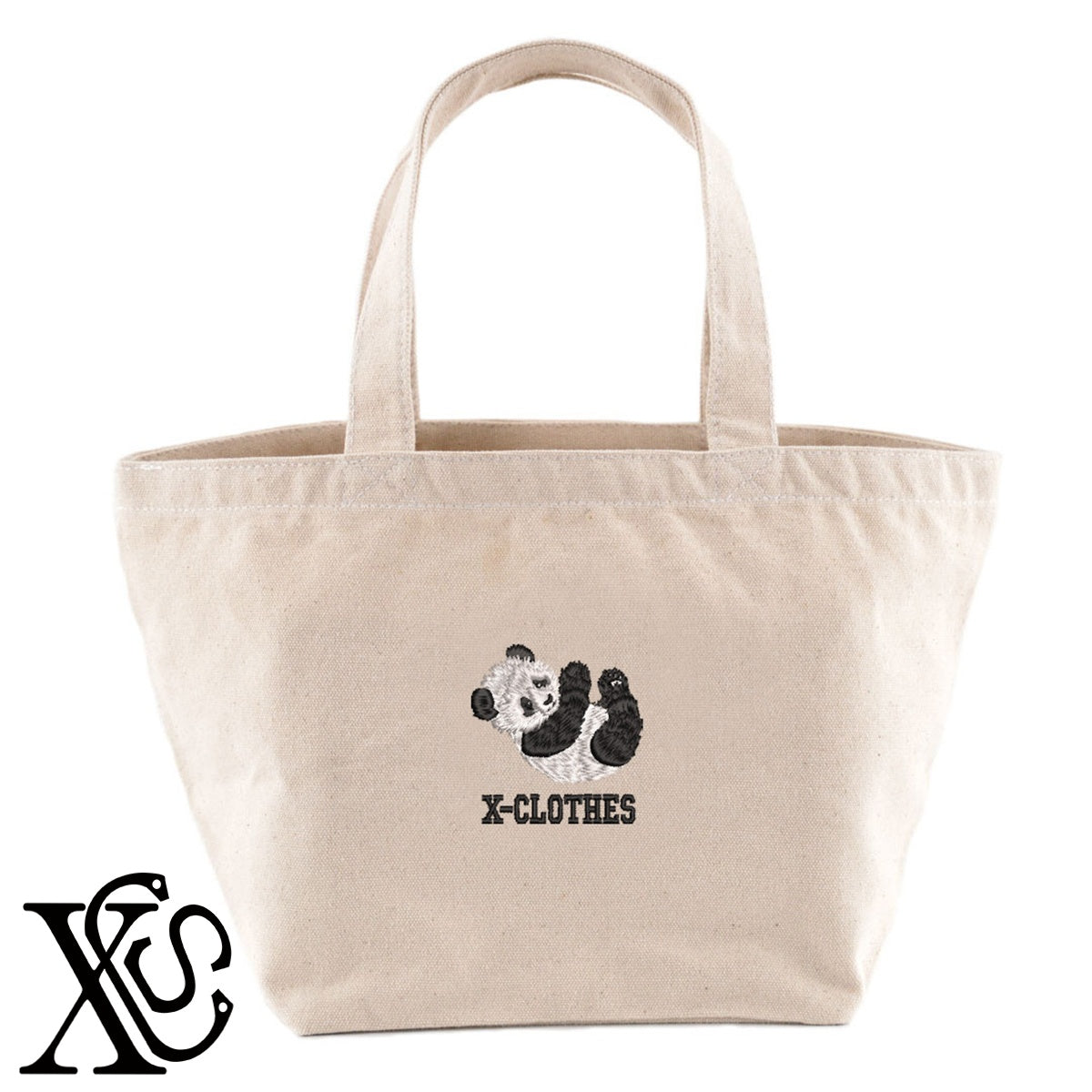 パンダ25柄 刺繍 キャンバス生地 ランチ ミニ トートバッグ レディース メンズ【X-CLOTHES】オリジナル グッズ 刺繍 ワンポイント 雑貨【b Black Camel】【g Natural Gray】 【6動物鳥魚-パンダ】