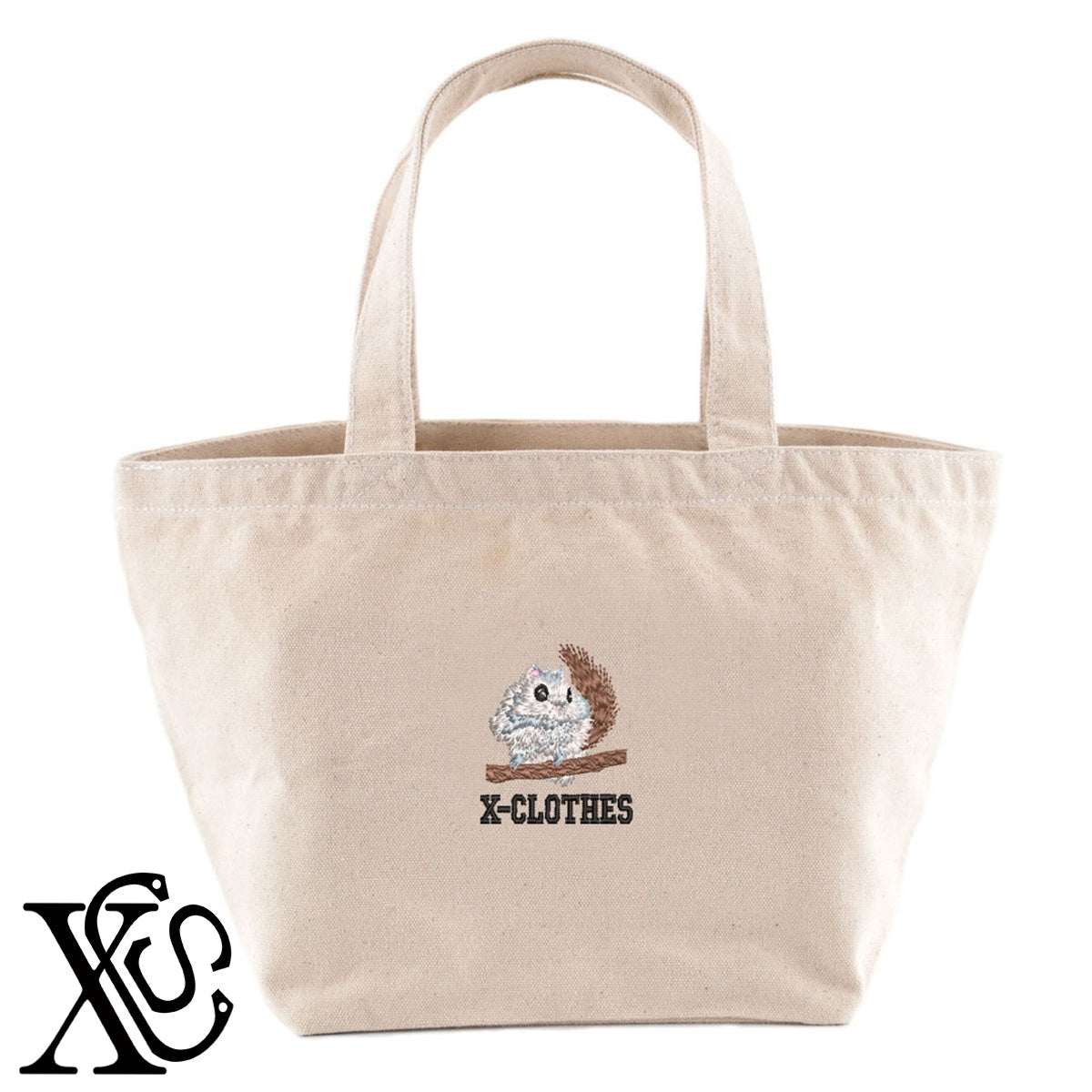 エゾモモンガ2柄 刺繍 キャンバス生地 ランチ ミニ トートバッグ レディース メンズ【X-CLOTHES】オリジナル グッズ 刺繍 ワンポイント 雑貨【b Black Camel】【g Natural Gray】 【6動物鳥魚-小動物】