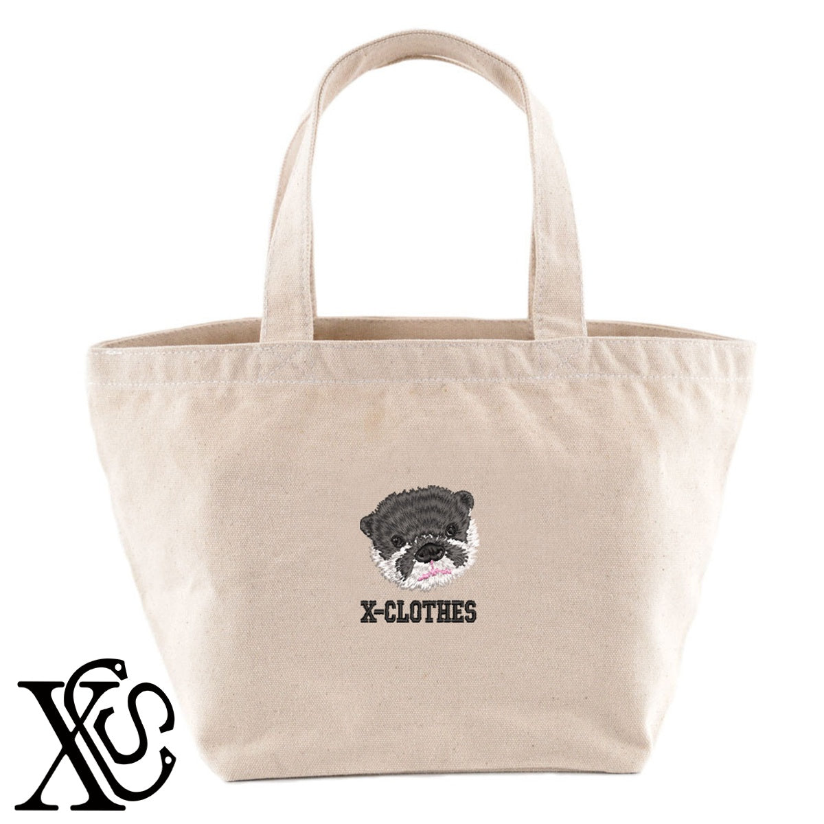 カワウソ3柄 刺繍 キャンバス生地 ランチ ミニ トートバッグ レディース メンズ【X-CLOTHES】オリジナル グッズ 刺繍 ワンポイント 雑貨【b Black Camel】【g Natural Gray】 【6動物鳥魚-小動物】