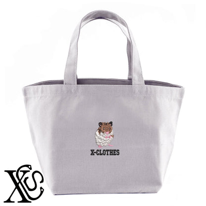 ゴールデンハムスター3柄 刺繍 キャンバス生地 ランチ ミニ トートバッグ レディース メンズ【X-CLOTHES】オリジナル グッズ 刺繍 ワンポイント 雑貨【b Black Camel】【g Natural Gray】 【6動物鳥魚-小動物】