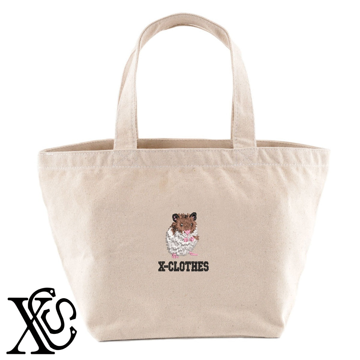 ゴールデンハムスター3柄 刺繍 キャンバス生地 ランチ ミニ トートバッグ レディース メンズ【X-CLOTHES】オリジナル グッズ 刺繍 ワンポイント 雑貨【b Black Camel】【g Natural Gray】 【6動物鳥魚-小動物】
