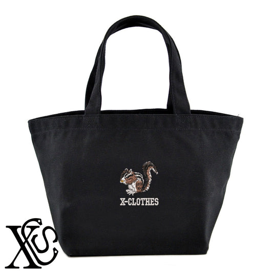 シマリス4柄 刺繍 キャンバス生地 ランチ ミニ トートバッグ レディース メンズ【X-CLOTHES】オリジナル グッズ 刺繍 ワンポイント 雑貨【b Black Camel】【g Natural Gray】 【6動物鳥魚-小動物】