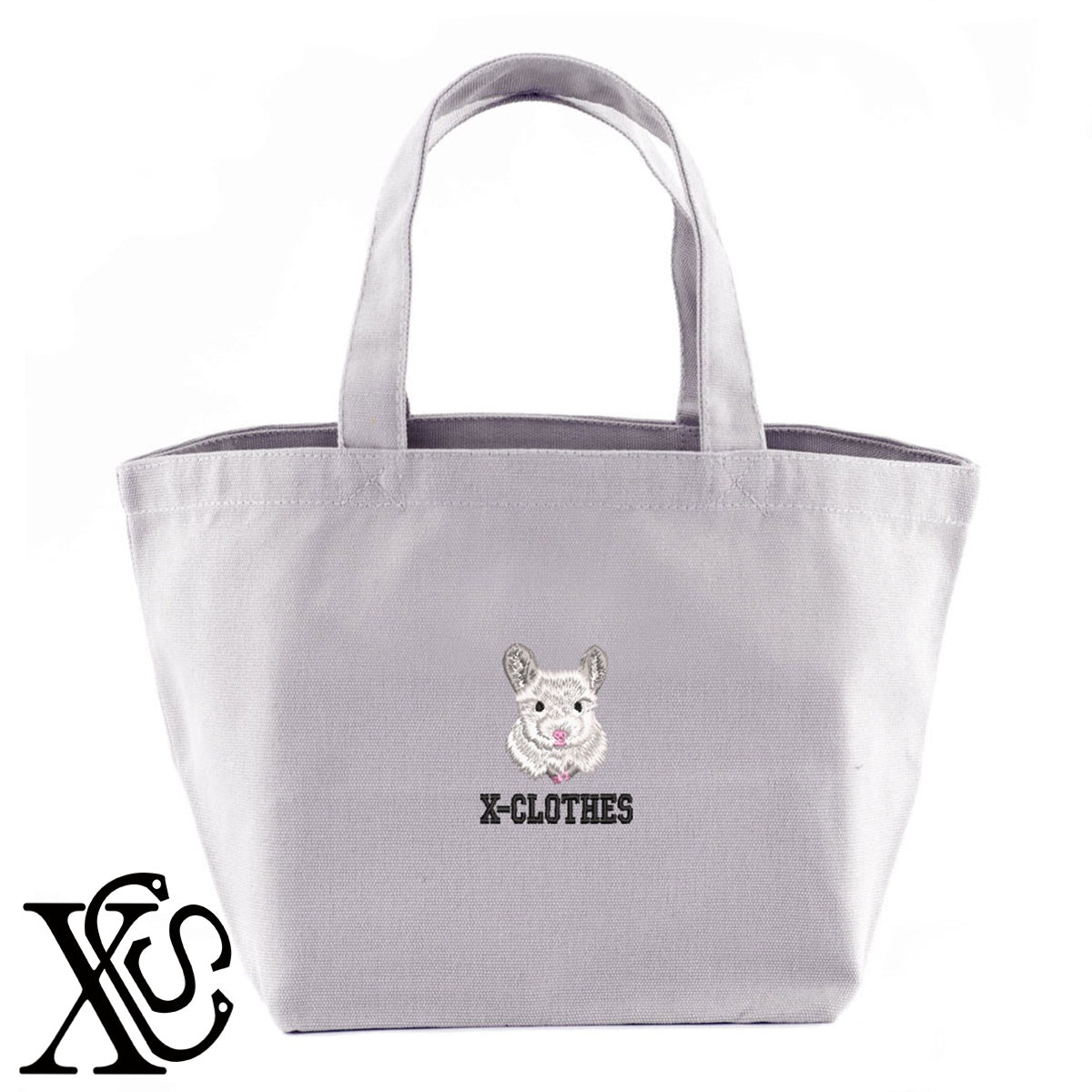 チンチラ2柄 刺繍 キャンバス生地 ランチ ミニ トートバッグ レディース メンズ【X-CLOTHES】オリジナル グッズ 刺繍 ワンポイント 雑貨【b Black Camel】【g Natural Gray】 【6動物鳥魚-小動物】