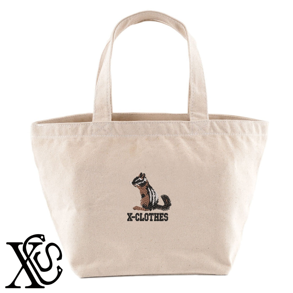 リス5柄 刺繍 キャンバス生地 ランチ ミニ トートバッグ レディース メンズ【X-CLOTHES】オリジナル グッズ 刺繍 ワンポイント 雑貨【b Black Camel】【g Natural Gray】 【6動物鳥魚-小動物】