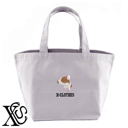 子豚2柄 刺繍 キャンバス生地 ランチ ミニ トートバッグ レディース メンズ【X-CLOTHES】オリジナル グッズ 刺繍 ワンポイント 雑貨【b Black Camel】【g Natural Gray】 【6動物鳥魚-小動物】