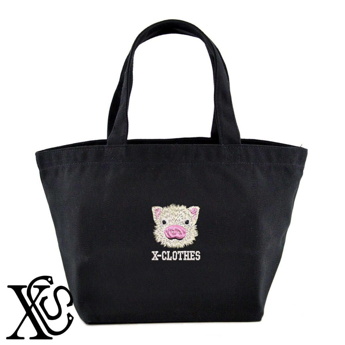子豚3柄 刺繍 キャンバス生地 ランチ ミニ トートバッグ レディース メンズ【X-CLOTHES】オリジナル グッズ 刺繍 ワンポイント 雑貨【b Black Camel】【g Natural Gray】 【6動物鳥魚-小動物】