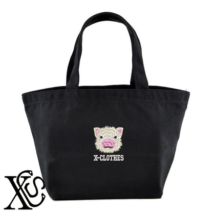 子豚3柄 刺繍 キャンバス生地 ランチ ミニ トートバッグ レディース メンズ【X-CLOTHES】オリジナル グッズ 刺繍 ワンポイント 雑貨【b Black Camel】【g Natural Gray】 【6動物鳥魚-小動物】