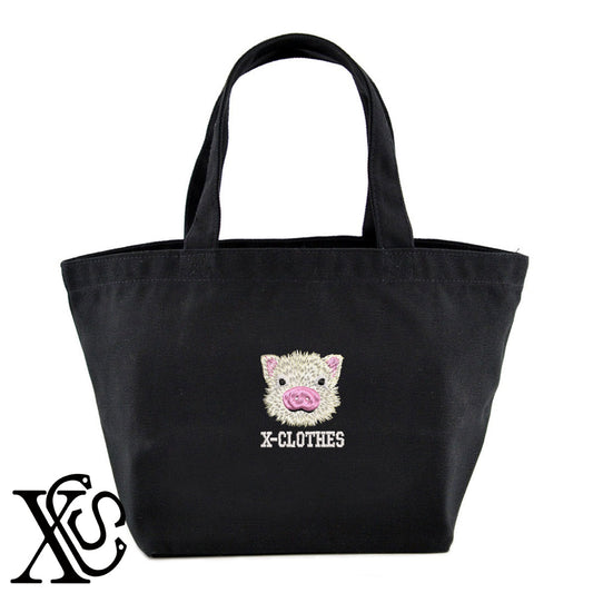 子豚3柄 刺繍 キャンバス生地 ランチ ミニ トートバッグ レディース メンズ【X-CLOTHES】オリジナル グッズ 刺繍 ワンポイント 雑貨【b Black Camel】【g Natural Gray】 【6動物鳥魚-小動物】