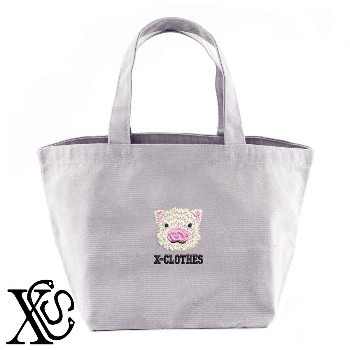 子豚3柄 刺繍 キャンバス生地 ランチ ミニ トートバッグ レディース メンズ【X-CLOTHES】オリジナル グッズ 刺繍 ワンポイント 雑貨【b Black Camel】【g Natural Gray】 【6動物鳥魚-小動物】