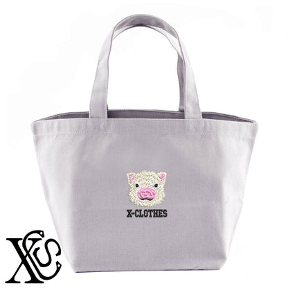 子豚3柄 刺繍 キャンバス生地 ランチ ミニ トートバッグ レディース メンズ【X-CLOTHES】オリジナル グッズ 刺繍 ワンポイント 雑貨【b Black Camel】【g Natural Gray】 【6動物鳥魚-小動物】