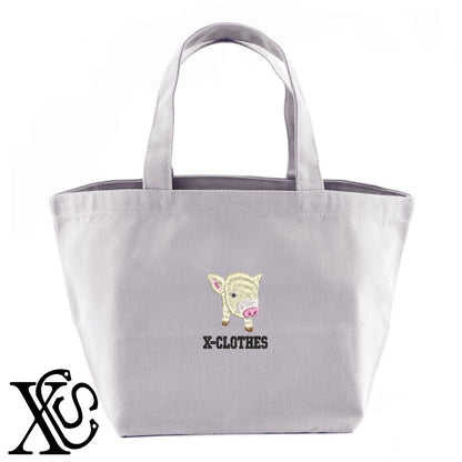 子豚4柄 刺繍 キャンバス生地 ランチ ミニ トートバッグ レディース メンズ【X-CLOTHES】オリジナル グッズ 刺繍 ワンポイント 雑貨【b Black Camel】【g Natural Gray】 【6動物鳥魚-小動物】