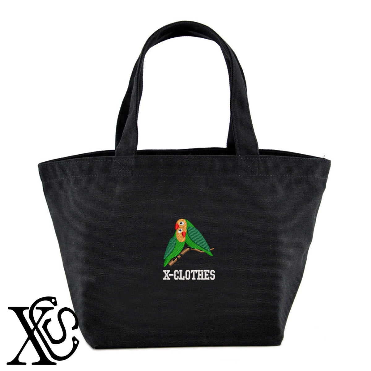 インコ2柄 刺繍 キャンバス生地 ランチ ミニ トートバッグ レディース メンズ【X-CLOTHES】オリジナル グッズ 刺繍 ワンポイント 雑貨【b Black Camel】【g Natural Gray】 【6動物鳥魚-文鳥インコ】