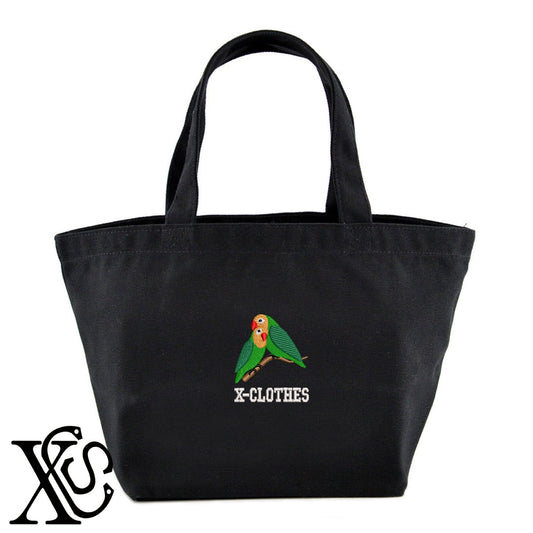 インコ2柄 刺繍 キャンバス生地 ランチ ミニ トートバッグ レディース メンズ【X-CLOTHES】オリジナル グッズ 刺繍 ワンポイント 雑貨【b Black Camel】【g Natural Gray】 【6動物鳥魚-文鳥インコ】