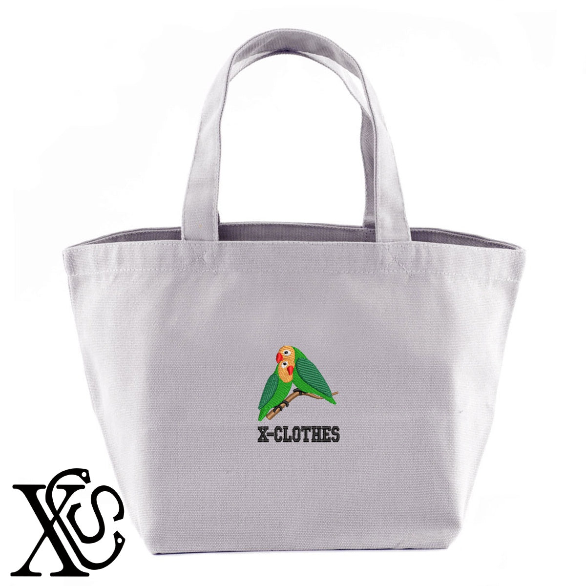 インコ2柄 刺繍 キャンバス生地 ランチ ミニ トートバッグ レディース メンズ【X-CLOTHES】オリジナル グッズ 刺繍 ワンポイント 雑貨【b Black Camel】【g Natural Gray】 【6動物鳥魚-文鳥インコ】