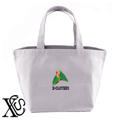 インコ2柄 刺繍 キャンバス生地 ランチ ミニ トートバッグ レディース メンズ【X-CLOTHES】オリジナル グッズ 刺繍 ワンポイント 雑貨【b Black Camel】【g Natural Gray】 【6動物鳥魚-文鳥インコ】