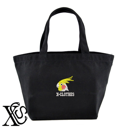 オカメインコ3柄 刺繍 キャンバス生地 ランチ ミニ トートバッグ レディース メンズ【X-CLOTHES】オリジナル グッズ 刺繍 ワンポイント 雑貨【b Black Camel】【g Natural Gray】 【6動物鳥魚-文鳥インコ】