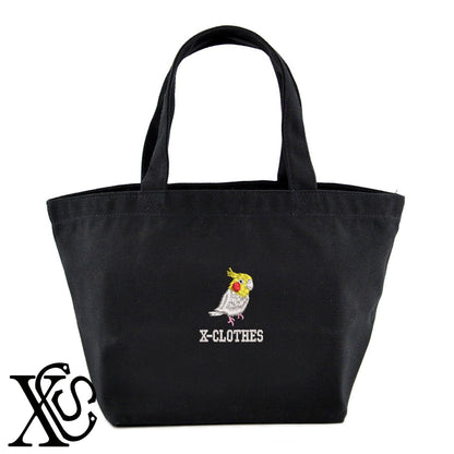 オカメインコ6柄 刺繍 キャンバス生地 ランチ ミニ トートバッグ レディース メンズ【X-CLOTHES】オリジナル グッズ 刺繍 ワンポイント 雑貨【b Black Camel】【g Natural Gray】 【6動物鳥魚-文鳥インコ】