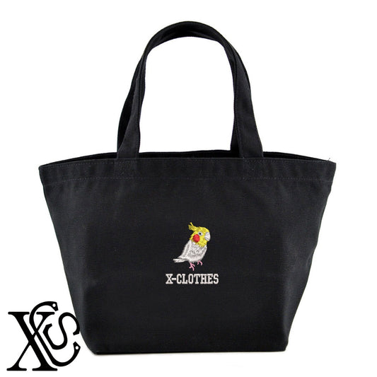 オカメインコ6柄 刺繍 キャンバス生地 ランチ ミニ トートバッグ レディース メンズ【X-CLOTHES】オリジナル グッズ 刺繍 ワンポイント 雑貨【b Black Camel】【g Natural Gray】 【6動物鳥魚-文鳥インコ】