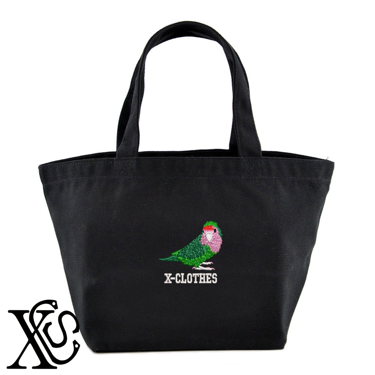 コザクラインコ2柄 刺繍 キャンバス生地 ランチ ミニ トートバッグ レディース メンズ【X-CLOTHES】オリジナル グッズ 刺繍 ワンポイント 雑貨【b Black Camel】【g Natural Gray】 【6動物鳥魚-文鳥インコ】