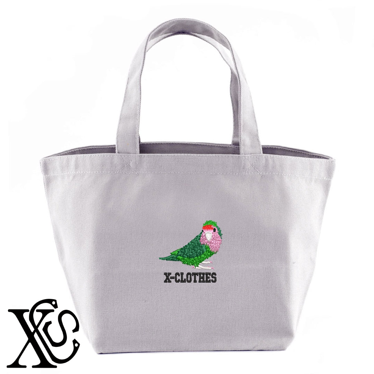 コザクラインコ2柄 刺繍 キャンバス生地 ランチ ミニ トートバッグ レディース メンズ【X-CLOTHES】オリジナル グッズ 刺繍 ワンポイント 雑貨【b Black Camel】【g Natural Gray】 【6動物鳥魚-文鳥インコ】