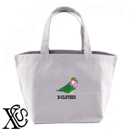コザクラインコ2柄 刺繍 キャンバス生地 ランチ ミニ トートバッグ レディース メンズ【X-CLOTHES】オリジナル グッズ 刺繍 ワンポイント 雑貨【b Black Camel】【g Natural Gray】 【6動物鳥魚-文鳥インコ】