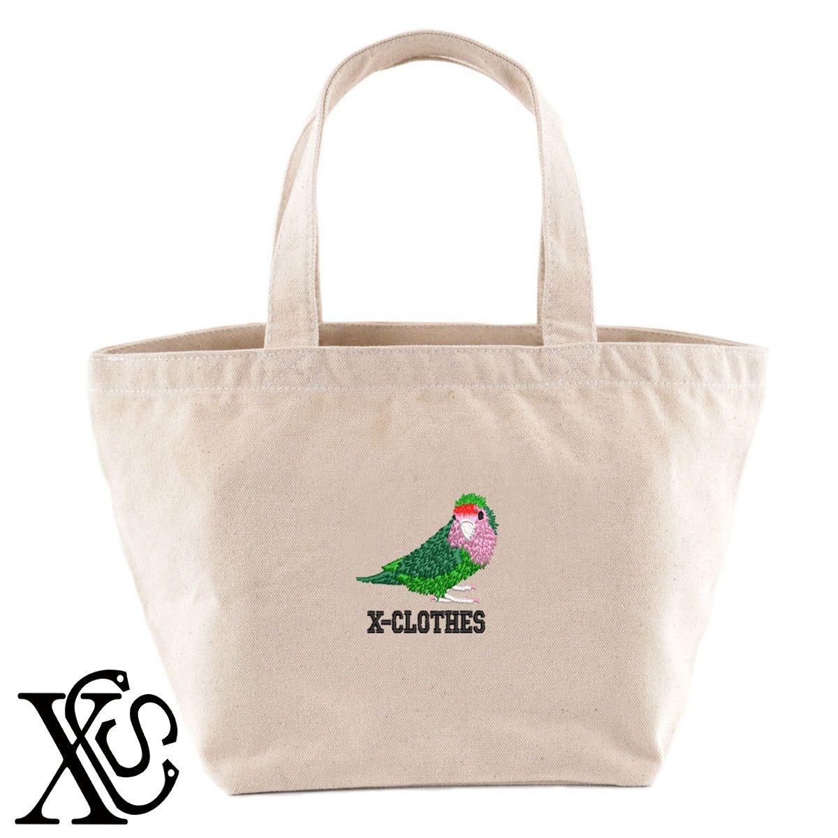 コザクラインコ2柄 刺繍 キャンバス生地 ランチ ミニ トートバッグ レディース メンズ【X-CLOTHES】オリジナル グッズ 刺繍 ワンポイント 雑貨【b Black Camel】【g Natural Gray】 【6動物鳥魚-文鳥インコ】
