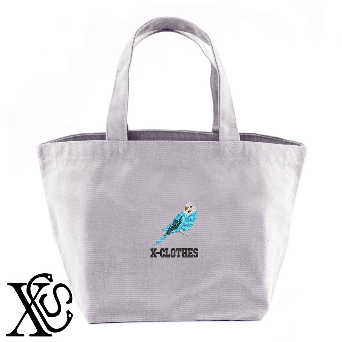 セキセイインコ2柄 刺繍 キャンバス生地 ランチ ミニ トートバッグ レディース メンズ【X-CLOTHES】オリジナル グッズ 刺繍 ワンポイント 雑貨【b Black Camel】【g Natural Gray】 【6動物鳥魚-文鳥インコ】